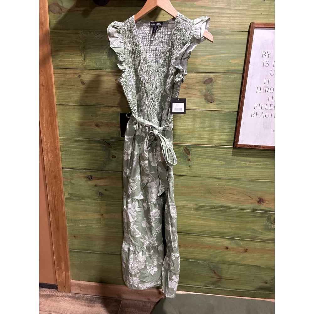 Ruby + Remi Sage Green Floral‎ Smocked Maxi Dress Ruffle Sleeve XS NWT